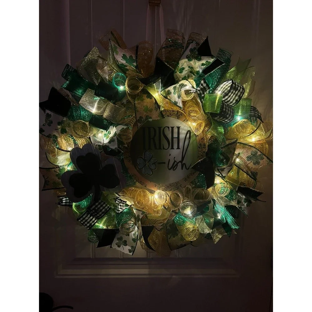 Handmade Irish-ish St. Patrick’s Day Ribbon Prelit Wreath 22 ins LED W10